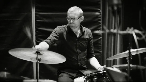 Jonas Holgersson at the drum kit in Studio 5, Sveriges Radio, during the Saleya session, 14 September 2010.