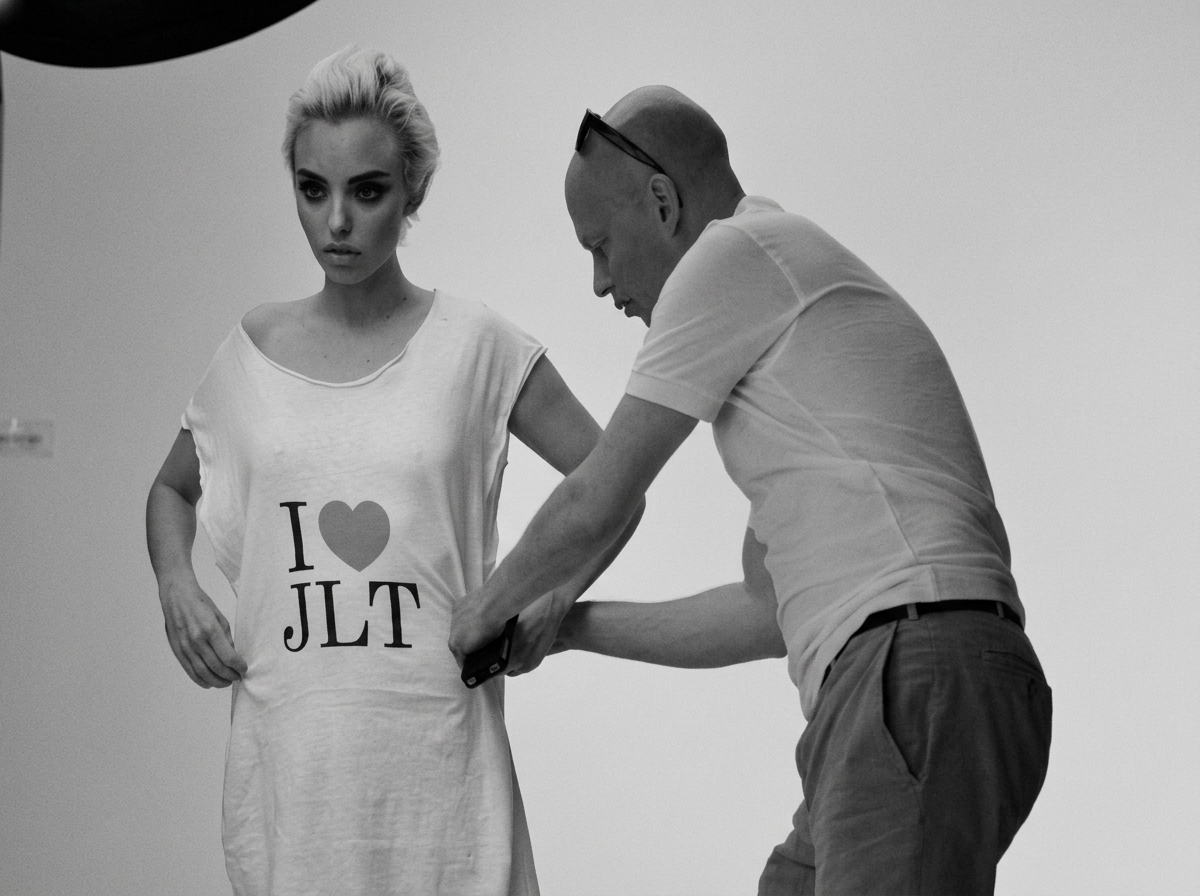 Model in an I love JLT t-shirt during a wardrobe fitting for the promotional shoot.